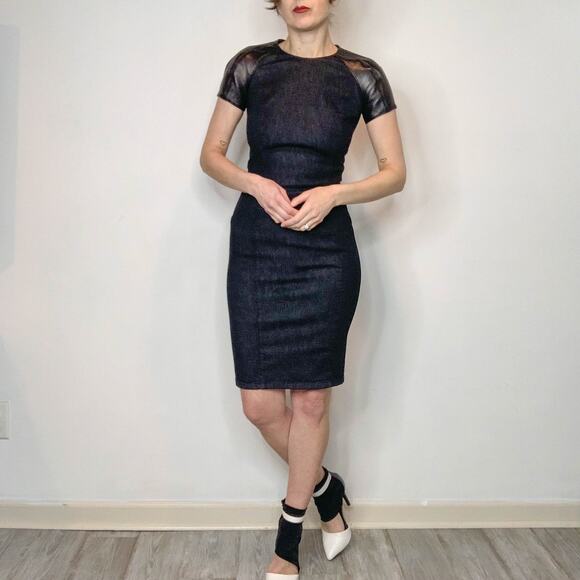 RALPH LAUREN BLACK LABEL denim bodycon mini dress lamb leather sleeve 2842 - Picture 12 of 13